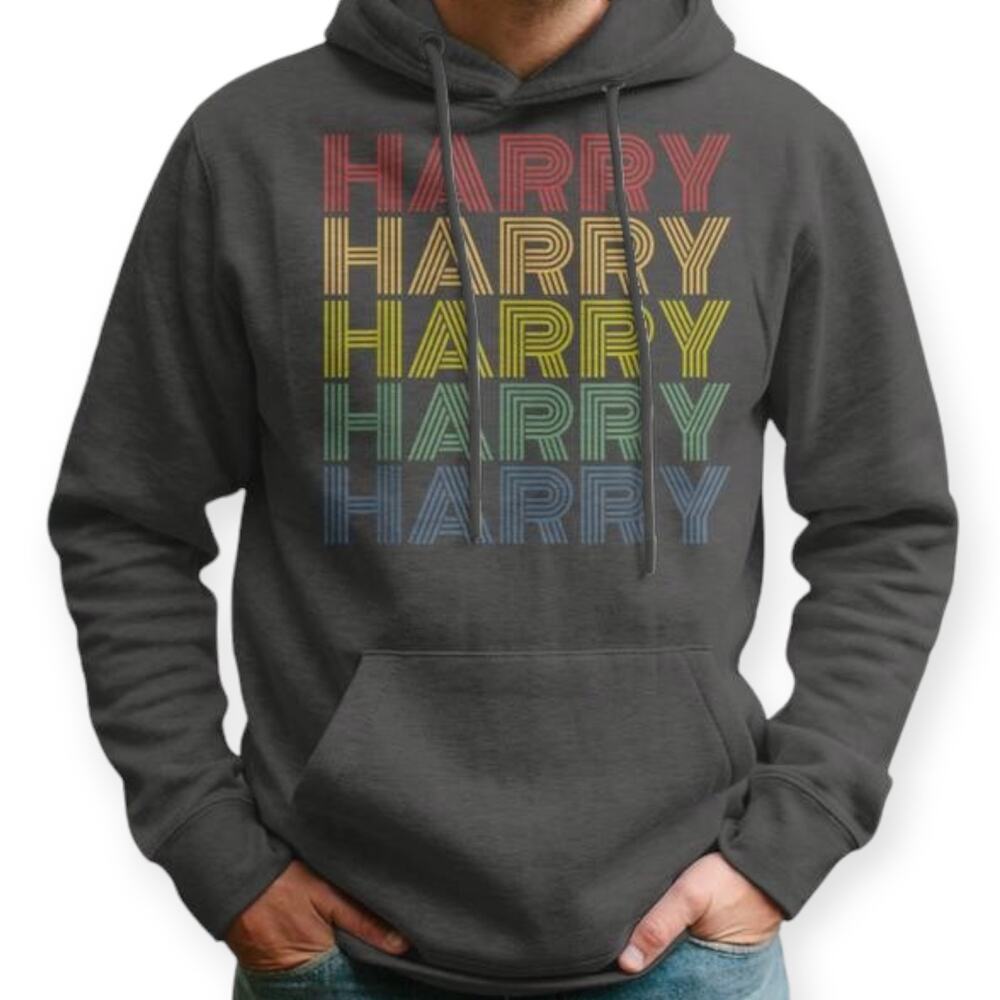 HARRY Retro Rainbow Wordmark Print Graphic XL Port and Company Charcoal Hoodie
